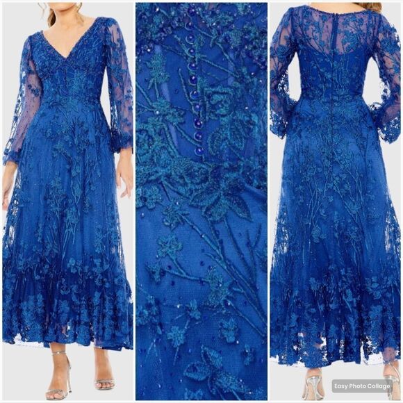 MAC DUGGAL 2051 Blue V-Neck Mesh Puff Sleeve A Line Embellished Tea Length Dress - Picture 1 of 13